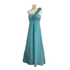 Vintage Feminine Maxi Dress One-Shoulder Teal Dress With Rosette Detail Formal P